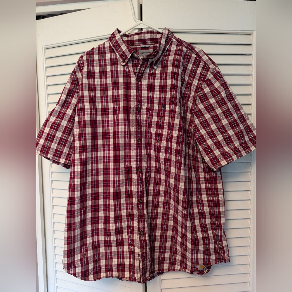 Carhartt Mens relaxed fit short sleeve button down red plaid shirt size XL